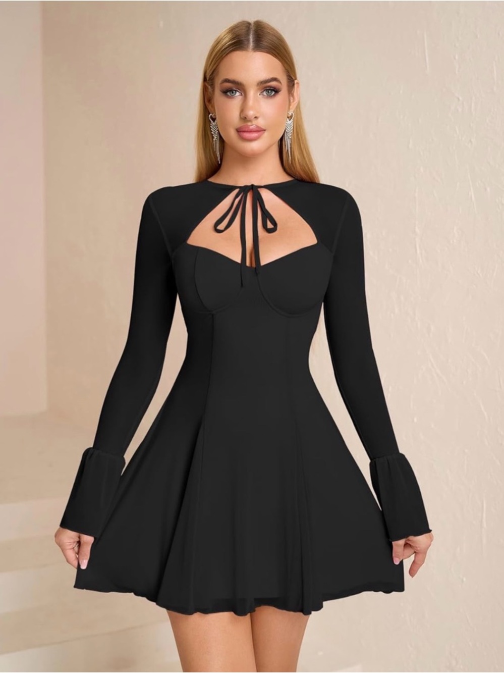 HTZMO Women Long Sleeve Mini Dress Sexy Cut Out Tie Neck 